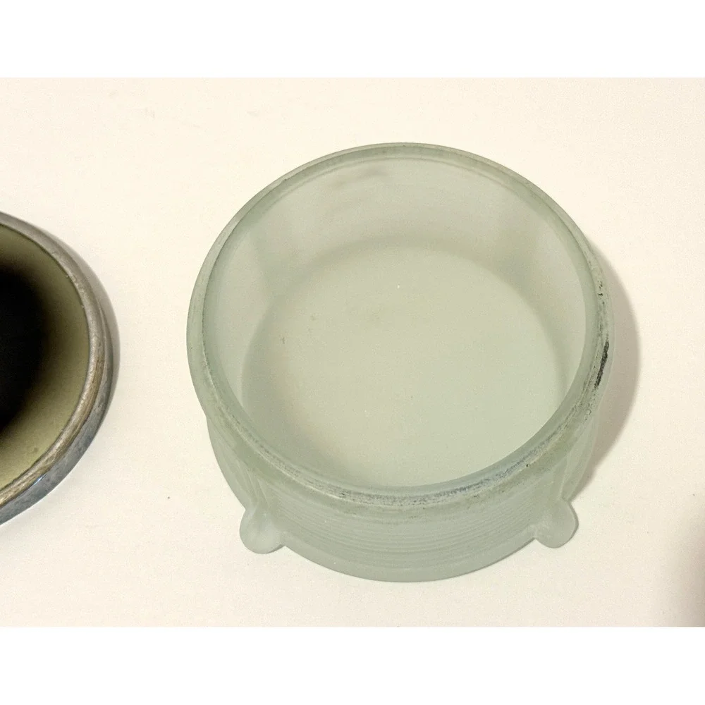 Vintage Art Deco Powder Jar Frosted Glass Metal Lid Skyscraper Vanity Trinket